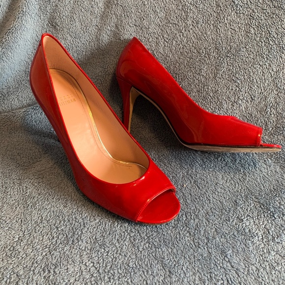 Stuart Weitzman Shoes - Stuart Weitzman Red Patent Leather Peep Toe Pumps